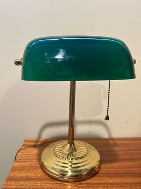 Vintage Banker's Desk Lamp w/Green Glass Shade and Pull Chain